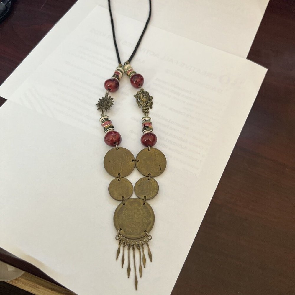 Peruvian Necklace Vintage Coins Beads Leather Metal Work Llama Eagle EUC